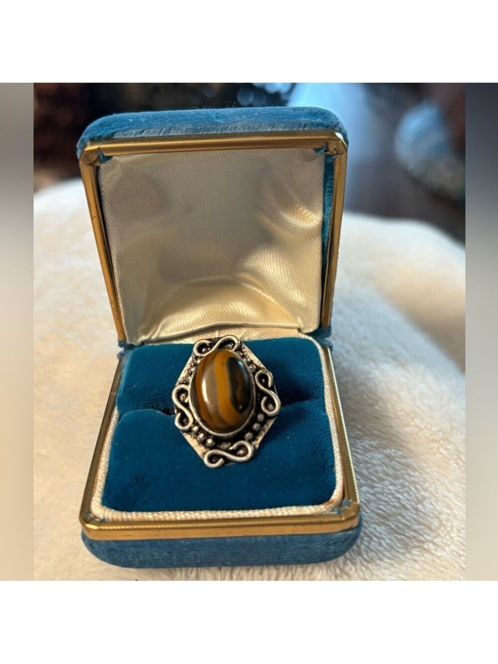 🤎Tiger’s Eye Silver-Tone Statement Ring Sz 6 • Ornate Vintage Style • Boho Luxe